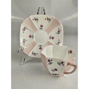 Shelley England Art Deco Octagonal Shape Rosebud Teacup & Saucer Pink Vintage